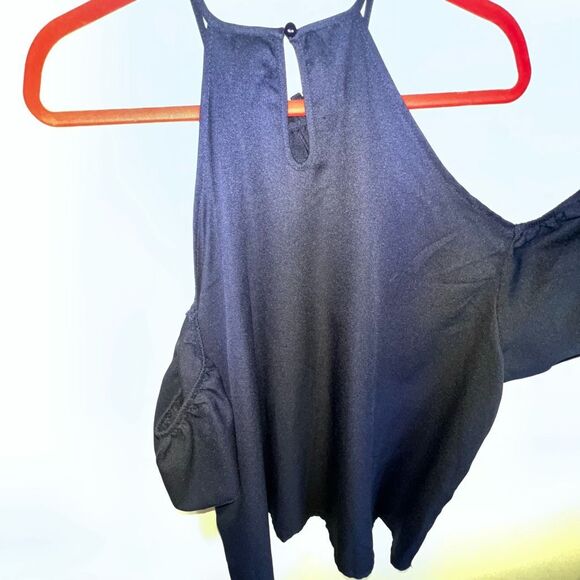 SHEIN Navy Cold Shoulder Button Neck Blouse - Picture 6 of 7
